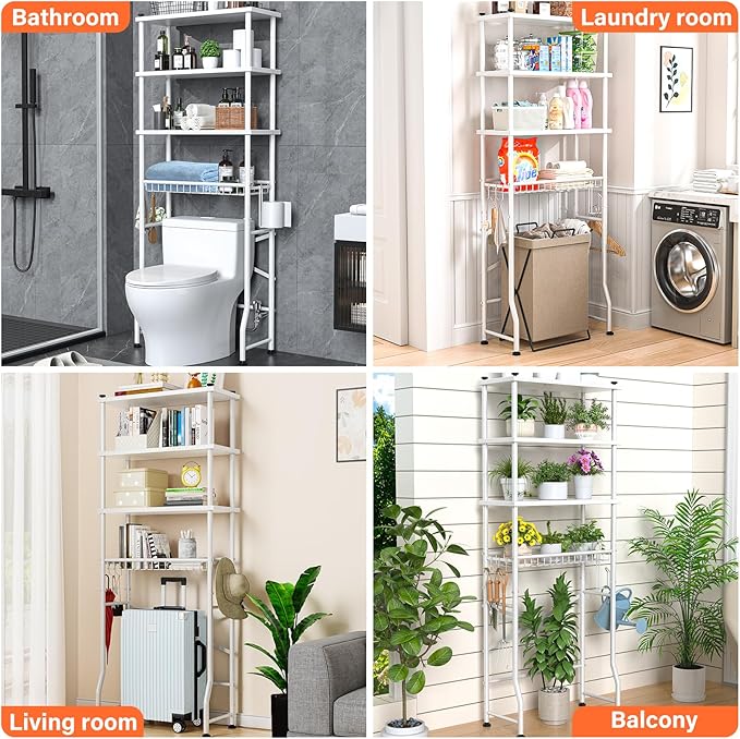 Over the Toilet Storage shelf, 4-Tier Bathroom Organizer Rack, Easy To Install with Adjustable Feet Pad and Basket Freestanding Bathroom Shelves Above Toilet, Space Saver Toilet Storage Cabinet(White)