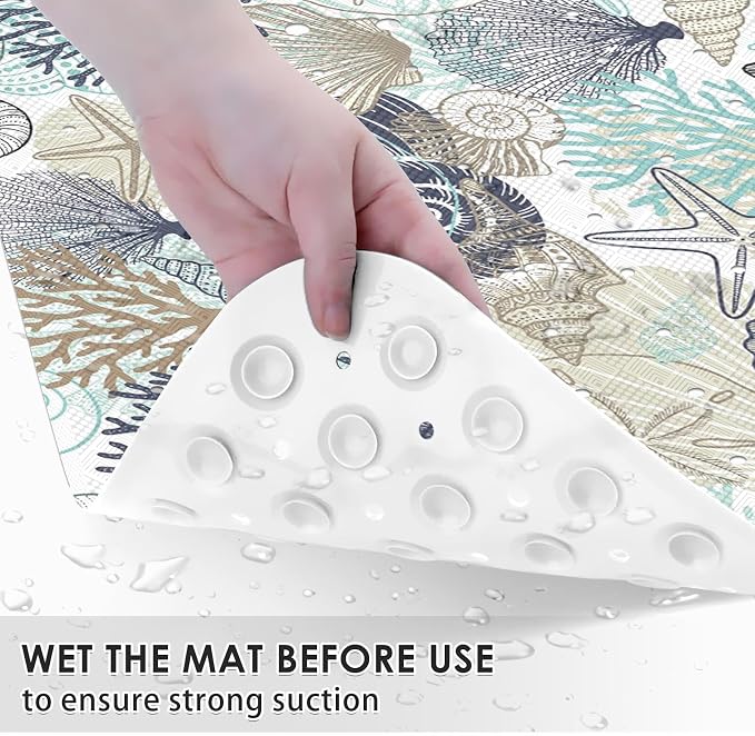 Cute Seashells Sea Shell Bath Mat Non Slip, Ocean Starfish Beach 40X16 Inch Extra Long Bathtub Shower Mat for Tub Anti Slip with Suction Cups and Drain Holes for Kid Adult Elderly