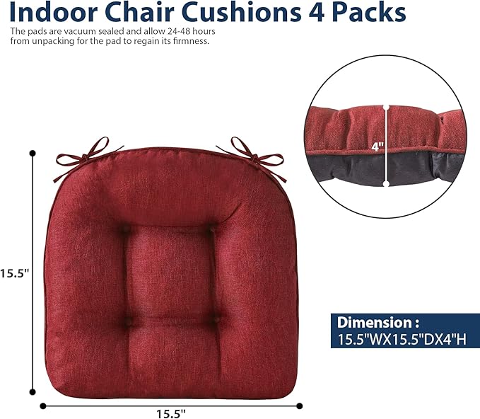 IASEAHK Chair Cushions for Dining Chairs, Seat Cushions for Kitchen Chairs, Indoor Seat Cushions with Ties, Tufted Foam Chair Pads, Non Slip Chair Cushions Set of 4, 15.5" x 15.5" x 4", Red