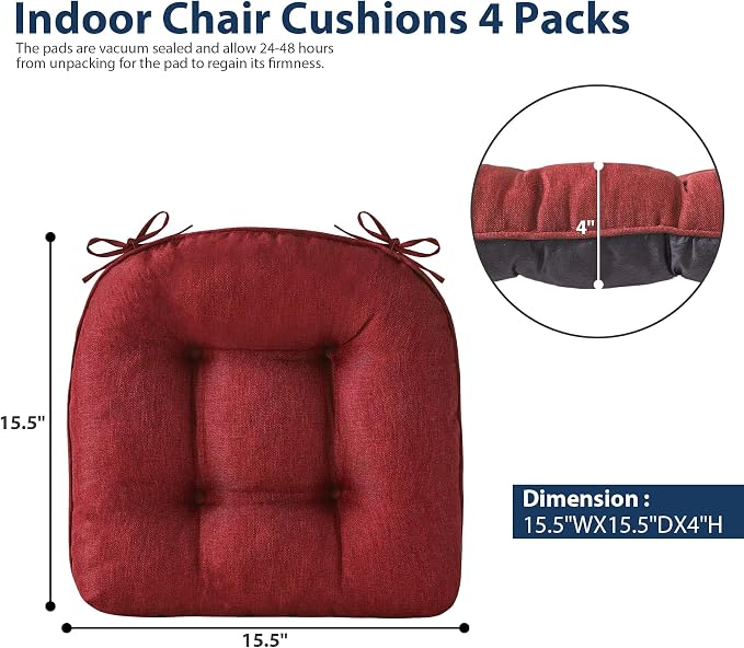 IASEAHK Chair Cushions for Dining Chairs, Seat Cushions for Kitchen Chairs, Indoor Seat Cushions with Ties, Tufted Foam Chair Pads, Non Slip Chair Cushions Set of 6, 15.5" x 15.5" x 4", Red
