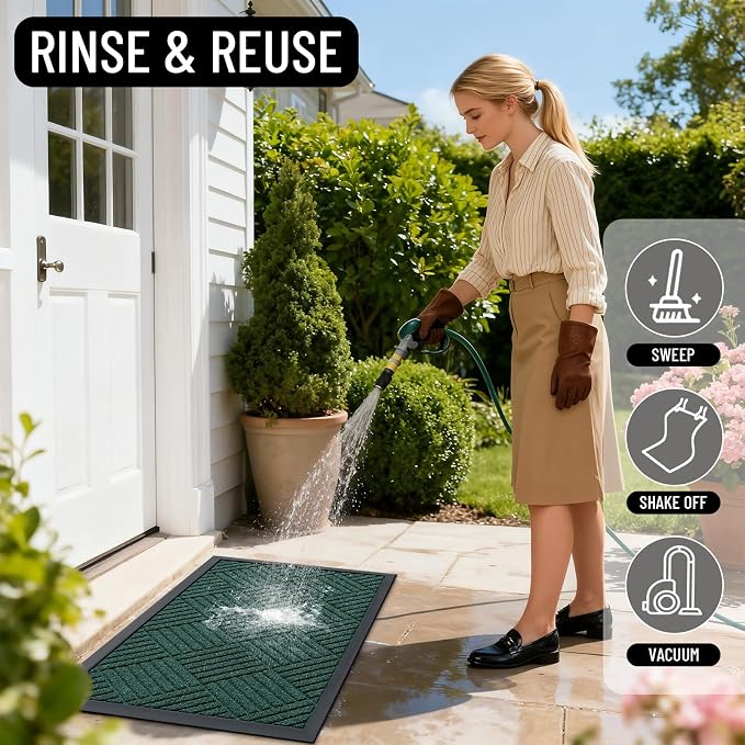 OLANLY Front Door Mat Outside Entrance 47x23, Absorbent, Heavy Duty Sturdy Natural Rubber Doormat Indoor Outdoor, Stain Fade Resistant, Non-Slip Low Profile Floor Mat for Entryway, Black Green Diamond