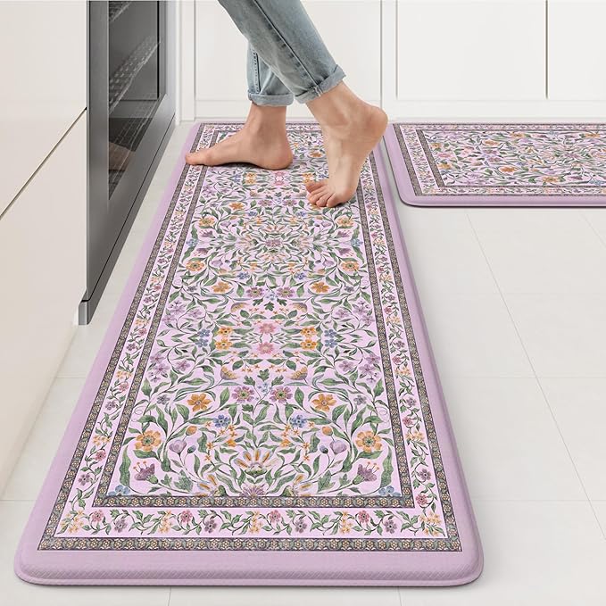 KIMODE Anti Fatigue Kitchen Mat, Cushioned Boho Kitchen Rugs Sets of 2, Farmhouse Kitchen Mats for Floor Non Slip, Waterproof Standing Desk Mats for Laundry Office Sink Purple 17.3"x29"+17.3"x47"