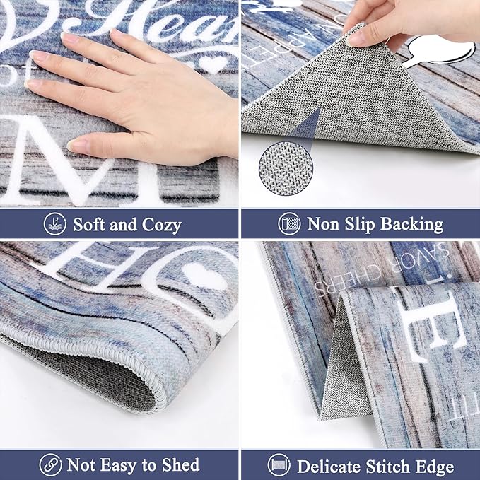 Vaukki Boho Kitchen Rug Sets 3 Pieces, Washable Kitchen Mats for Floor, Non Slip Soft Kitchen Area Rug Floor Mat for Kitchen, Laundry Room and Hallway (Blue and Brown, 20''x32''+20''x47''+20''x59'')