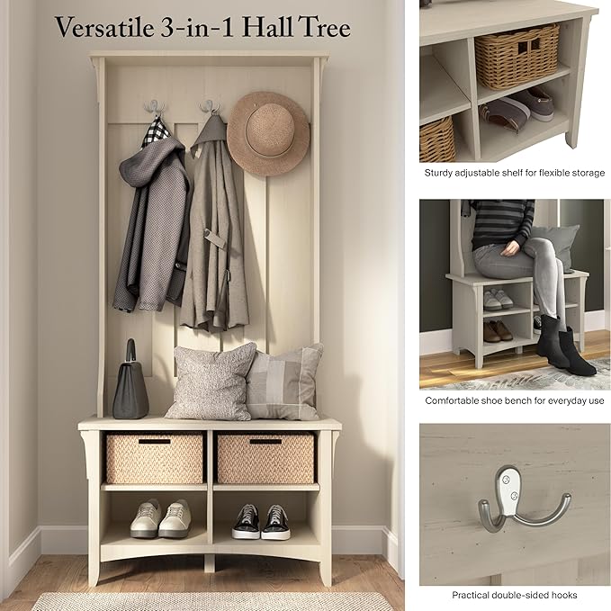 Bush Home Salinas Hall Tree with Shoe Storage Bench in Antique White, Multi-Purpose Home Organizer, Entryway Solution with Seating and Hooks