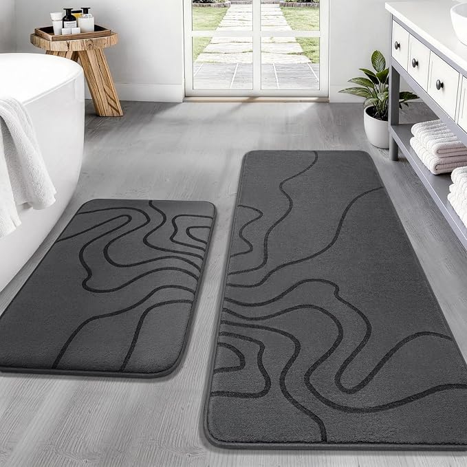 YIHOUSE Memory Foam Bathroom Rugs Sets 2 Piece - Extra Thick Ultra Soft Absorbent Bath Mat Set, Non-Slip Machine Washable Bath Rugs for Bathroom, Tub & Shower, Home Decor (17"x24"+20"x46", Dark Grey)