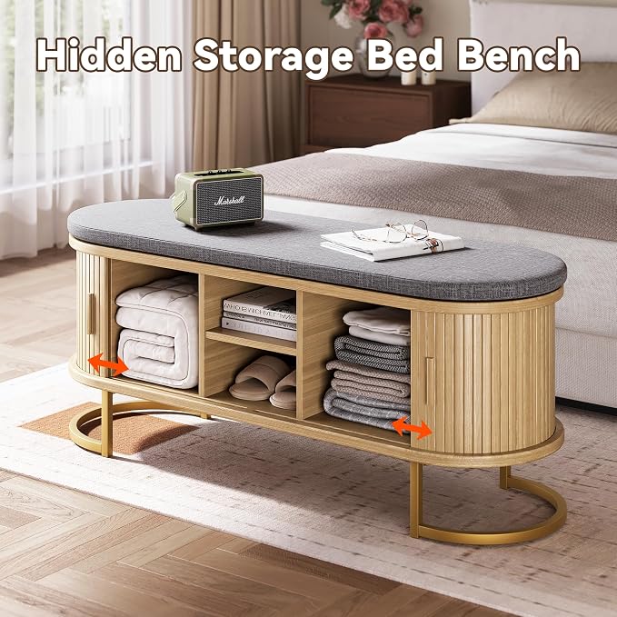 Decofy Storage Bench with Cushion and Sliding Doors, 47.2 Inch Large Entryway Shoe Bench with Sturdy Metal Feet, Multi-Functional for Entrance Hall, Bedroom, Living Room (Oak)