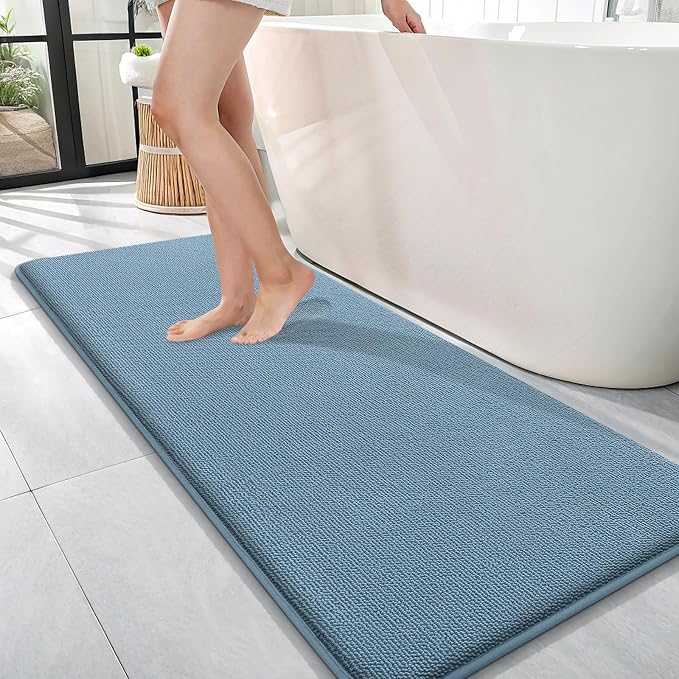 OLANLY Thick Memory Foam Bathroom Runner Rugs 47x17, Extra Soft Absorbent Long Bath Rug, Quick Dry, Non-Slip, Machine Washable Bath Mats for Bathroom, Tub and Shower, Home Decor Accessories, Airy Blue