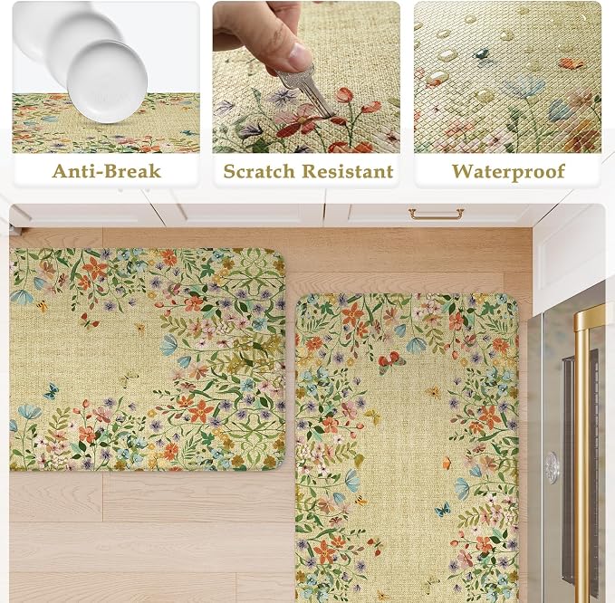 KIMODE Anti Fatigue Mats for Kitchen Floor 17"x47"+17"x29", Brown Butterfly Floral Kitchen Rugs Sets of 2, Cushioned Kitchen Floor Mats, Non Slip Standing Mat for Sink Laundry Office Desk