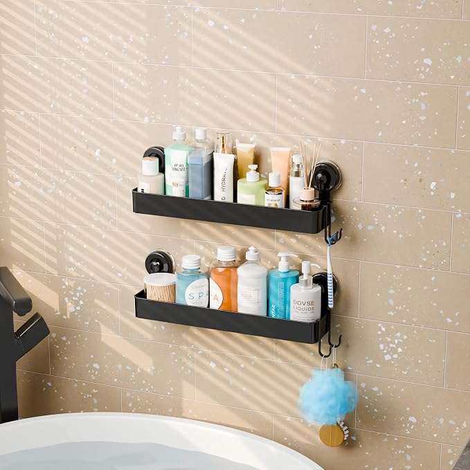 Black 2 Pack Acrylic Shower Caddy Suction Cup,No Rust Bathroom Organizers and Storage Holder,Plastic Wall Mounted Shower Shelves,Bathtub Storage Organizer,Shampoo and Conditioner Holder for Washroom