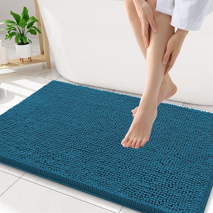 Smiry Luxury Chenille Bathroom Rugs 34x21, Extra Soft and Absorbent Shaggy Bath Mat, Machine Washable, Non-Slip Plush Carpet Runner for Tub, Shower, and Floor, Home Decor Accessories, Peacock Blue