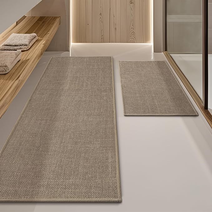 YIHOUSE Brown Bathroom Rug Sets 2 Piece, Dark Beige Absorbent Bath Mat, Non Slip Washable Quick Dry Thin Bath Rugs for Bathroom Floor and Toilet
