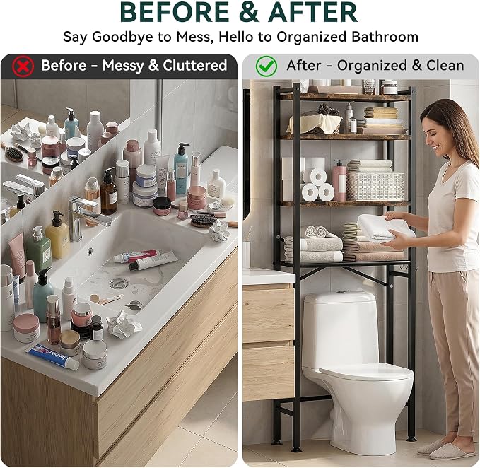 GloTika 4-Tier Over The Toilet Storage with Paper Holder and 4 Hooks - Metal Over Toilet Bathroom Organizer Shelf, Freestanding Bathroom Cabinet for Laundry/Living Room (69.3" H, Black Brown)