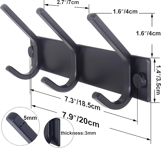 WEBI Coat Rack Wall Mounted,3 Coat Hooks for Hanging Coats,Heavy Duty Metal Hook Rack Hook Rail Coat Hanger Wall Coat Rack with Hooks for Clothes Entryway Jacket,Black