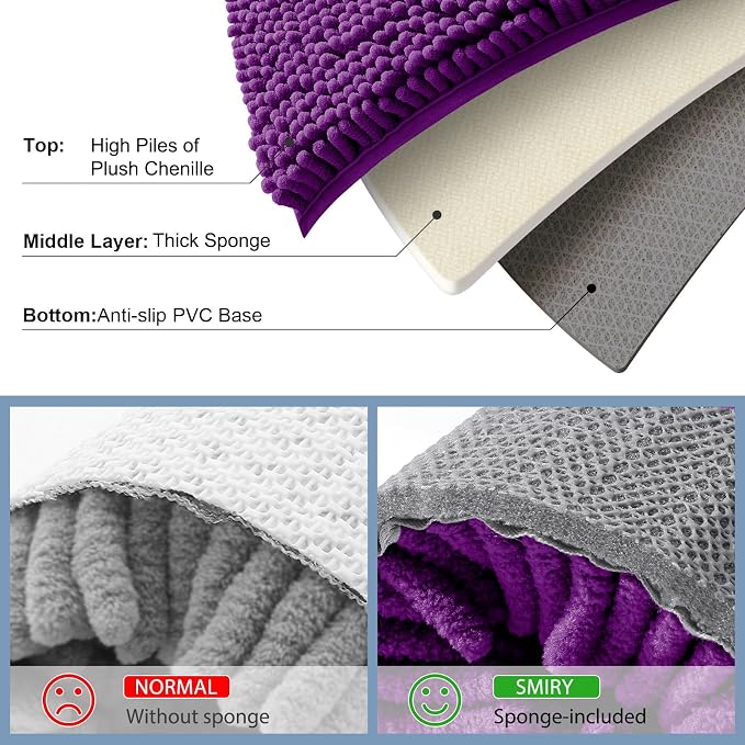 Smiry Luxury Chenille Bathroom Rugs 24x16, Extra Soft and Absorbent Shaggy Bath Mat, Machine Washable, Non-Slip Plush Carpet Runner for Tub, Shower, and Floor, Home Decor Accessories, Violet
