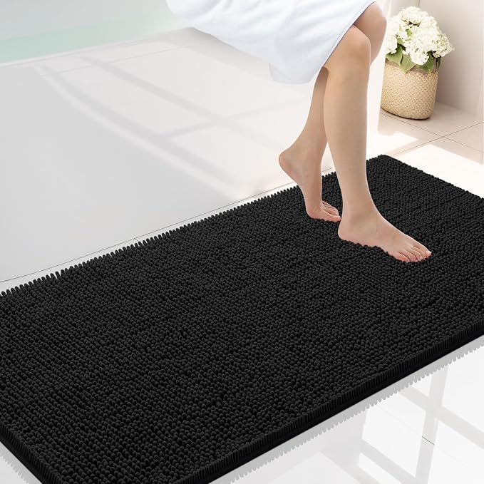 Smiry Luxury Chenille Bathroom Rugs 44x24, Extra Soft and Absorbent Shaggy Bath Mat, Machine Washable, Non-Slip Plush Carpet Runner for Tub, Shower, and Floor, Home Decor Accessories, Black