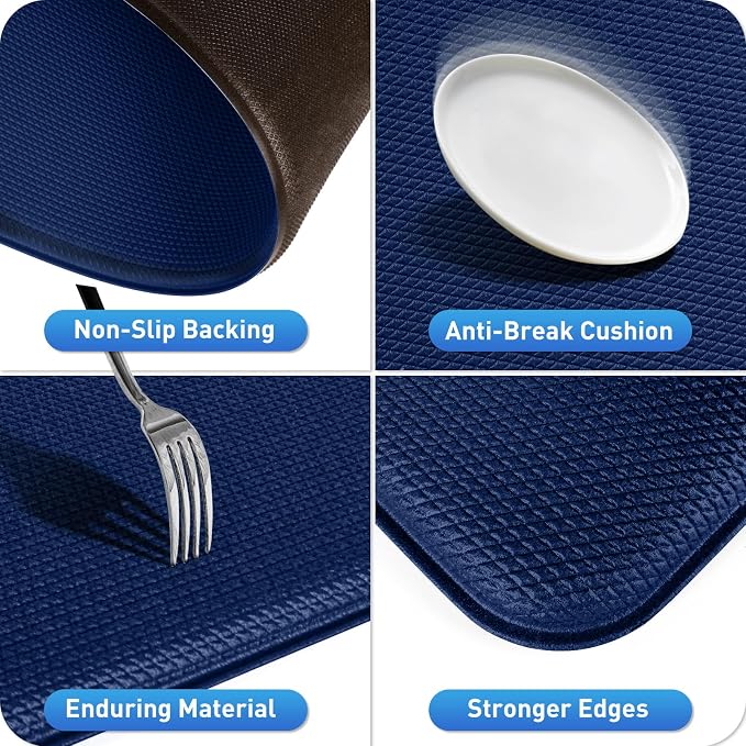 HappyTrends Kitchen Mat for Floor, 2PCS Cushioned Anti-Fatigue Kitchen Rugs, Waterproof Non-Slip Standing Mats and Rugs Set for Kitchen, Office, Laundry, Navy, 17.3"×30"+17.3"×59"