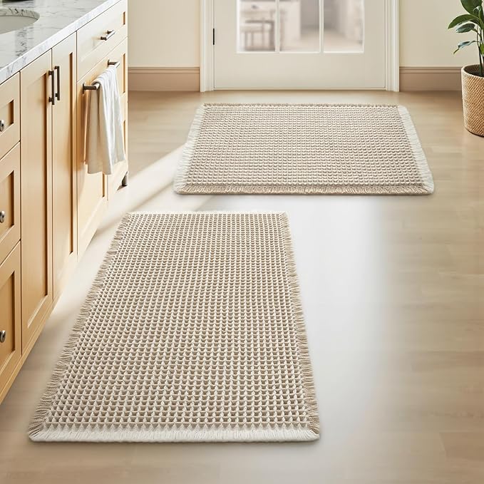 Upgraded Waffle Bath Mats Set of 2, Super Absorbent Non Slip Bath Mats for Bathroom Floor, Washable Boho Bathroom Rugs Set 2 Piece with Tassels, Soft Bathroom Mat Set, 18" x 30" (2 Pack), Brown Cream