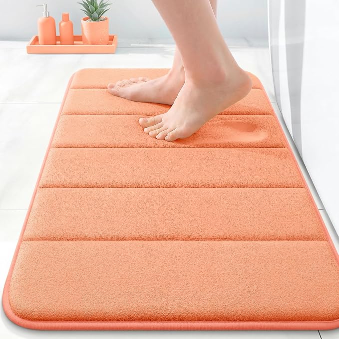 OLANLY Memory Foam Bath Mat 35x16, Super Soft Absorbent Bathroom Rugs, Quick Dry, Machine Washable Shower Floor Rugs, Bathmat Carpet, Bathroom Home Decor Accessories, Peach