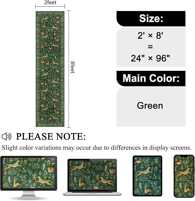 DUKINO Runner Rug, 2x8 Boho Kitchen Rug for Hallways with Low Pile Design, Washable Non Slip Backing Soft Floral Runner for Kitchen, Hallway, Entryway, Bedroom, Laundry, Green