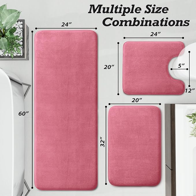 HUXMEYSON Bathroom Rugs Sets 3 Piece, Non-Slip & Quick Dry Bath Mat Set, Ultra Soft Velvet Bath Rugs for Bathroom, Toilet and Shower Floor, Pink