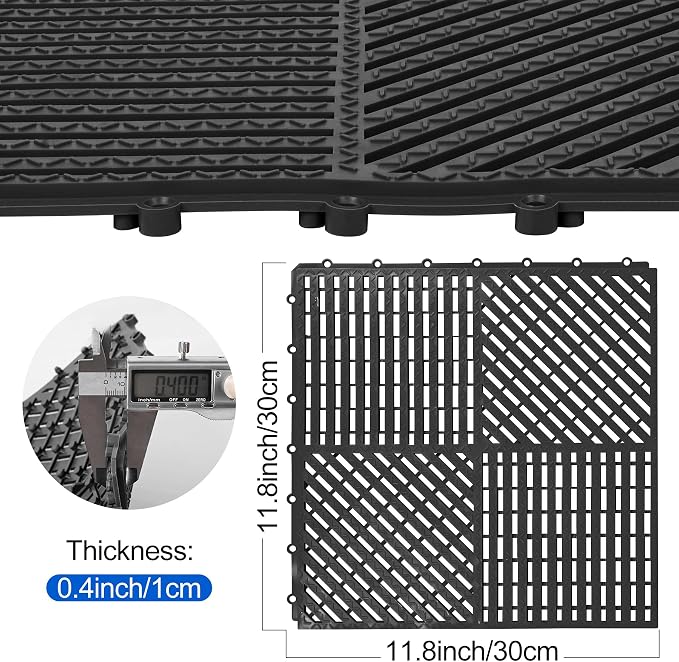 ToLanbbt Modular Interlocking Cushion 12P 11.8" x 11.8" Interlocking Rubber Floor Drain Holes Non-Slip Splicing Drainage Mats for Deck, Shower, Kitchen, Drain Pool, Sauna Bath (Black, Diagonal)