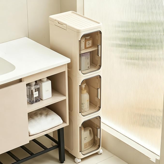 UFORU 3-Tier Tall Narrow Storage Cabinet- Plastic Slim Bathroom Storage Organizer with Magnetic Doors, Adjustable Shelves&Movable Wheels, Foldable Skinny Cabinet for Small Spaces, Kitchen, Cream White
