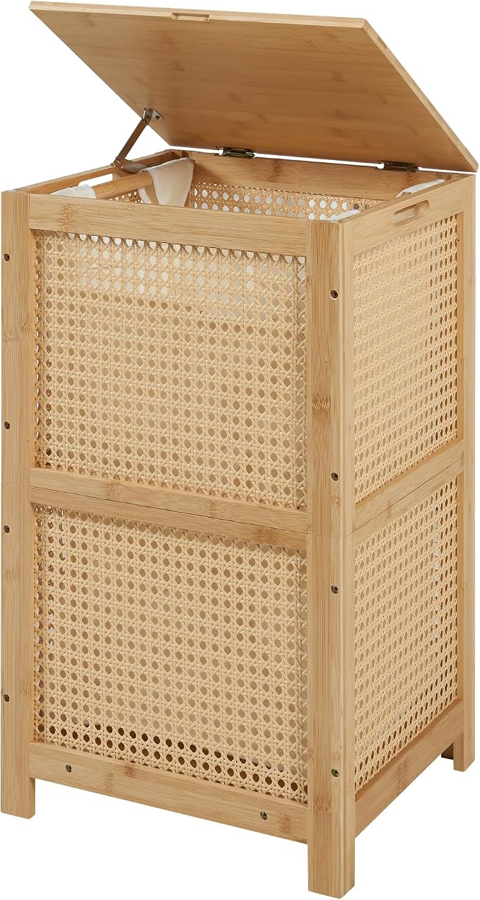 TIOPGHAD Bamboo-Laundry-Hamper-Wicker-Basket-with-lid Large Wood Laundry Hampers Basket Bin Storage Organizer for Dirty Clothes, Laundry Room, Bathroom, Bedroom, Living Room(13Gallon/50L)