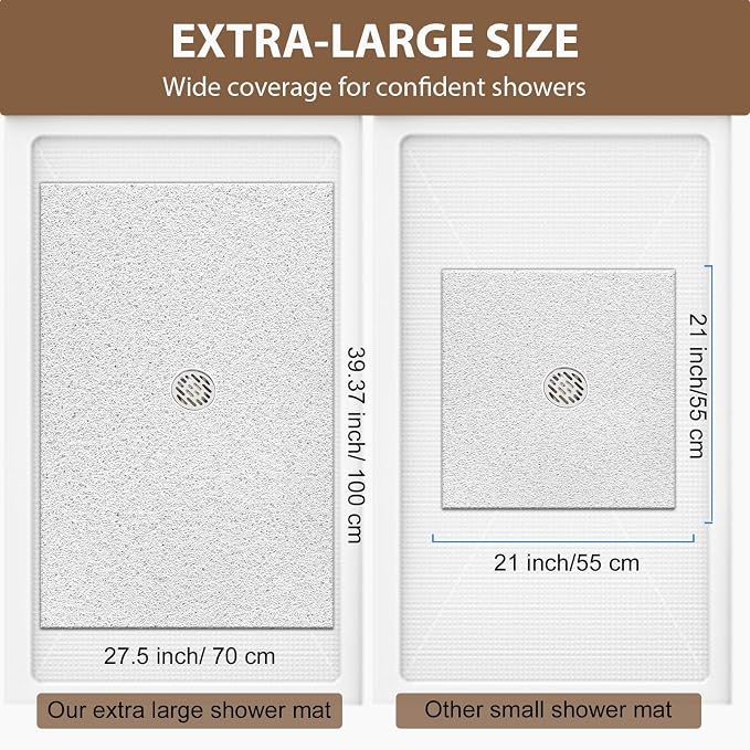 Extra Large Non Slip Shower Mat: 39.4x27.5 inch Loofah Shower Mat for Inside Shower with Drain Hole in Middle, Soft PVC Anti-Slip Shower Stall Mats for Bathroom,Wet Area, Quick Drying