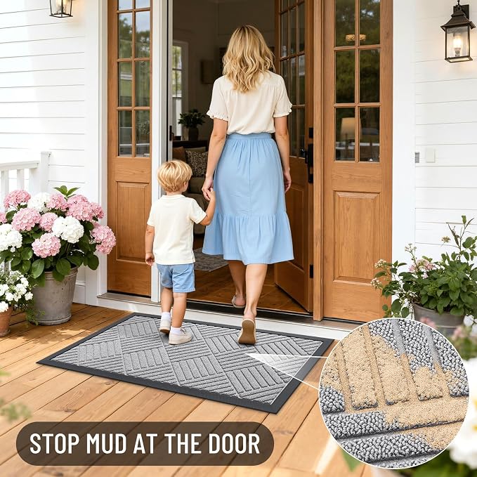 OLANLY Front Door Mat Outside Entrance 47x32, Absorbent, Heavy Duty Sturdy Natural Rubber Doormat Indoor Outdoor, Stain Fade Resistant, Non-Slip Low Profile Floor Mat for Entryway, Light Gray Diamond