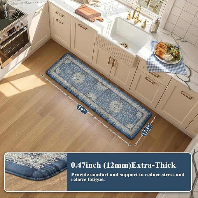 Collive Kitchen Rugs Anti Fatigue, Cushioned Kitchen Floor Mats Waterproof, Non Skid Comfort Standing Mats for Office, Sink, Laundry, 17”x59”, Blue