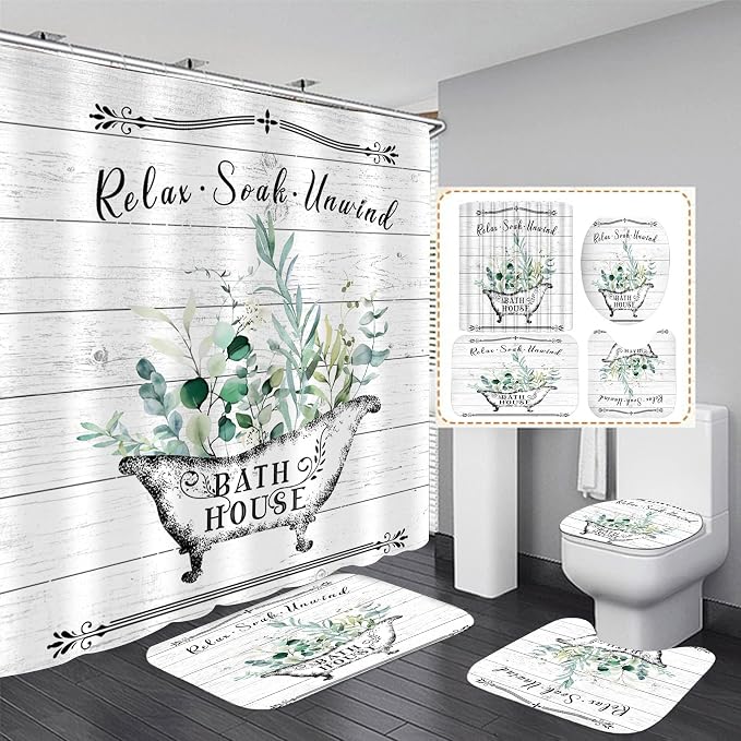 Nkzply 4 Pcs Farmhouse Shower Curtain Rustic Bathroom Sets with Shower Curtain and Rugs Floral Shower Curtain Set Green Leaves Bathroom Decor Vintage Bathroom Rugs Set Toilet Lid Cover Hooks