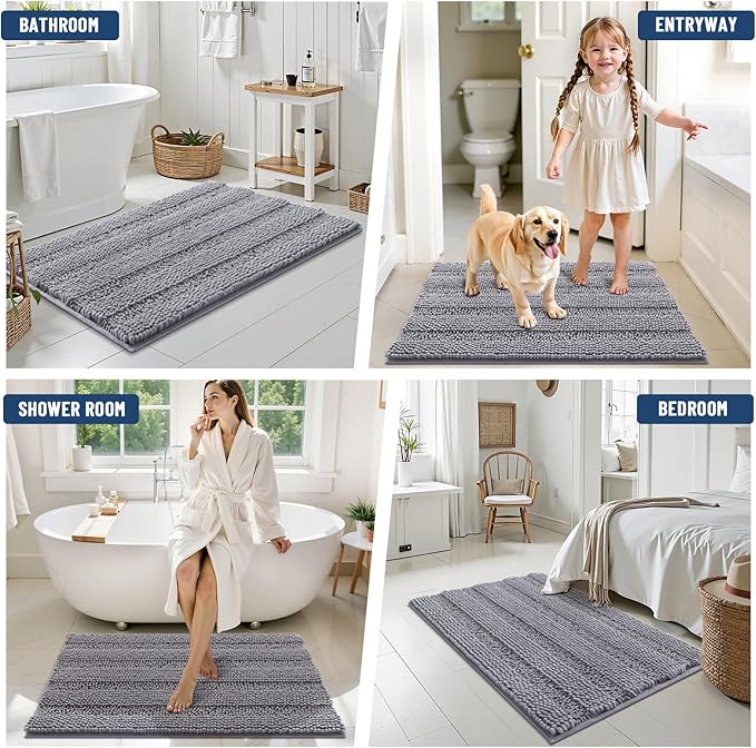 Grandaily Chenille Striped Bathroom Rugs 47x17, Extra Thick and Soft Absorbent Bath Mats, Rubber Backing, Plush Shaggy Shower Carpet, Machine Wash Dry, Bath Rug for Bathroom, Grey