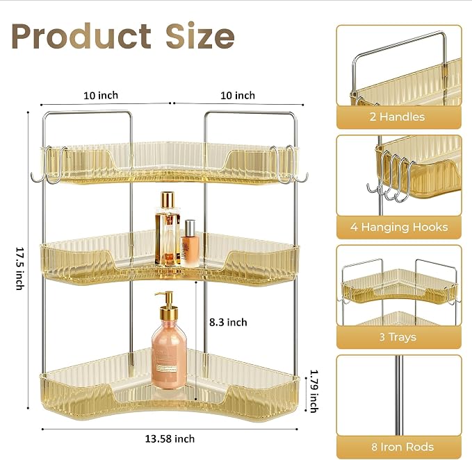 3 Tiers Bathroom Corner Organizer (Gold, 3-Tier)