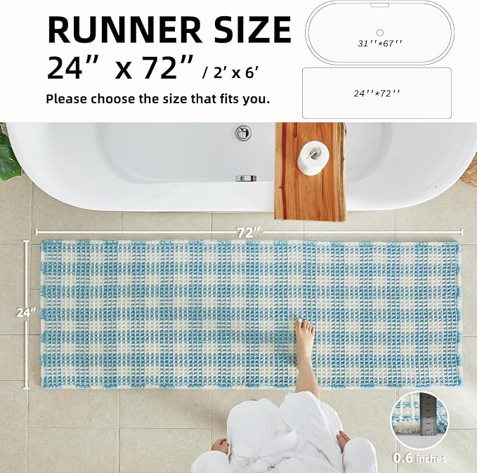 TYUU Waffle Runner Rug Bathroom, Long Boho Bathroom Rugs Non Slip Washable Absorbent Checkered Bathroom Mat Quick Dry Cute Bath Mat, 72"x24" Blue and White