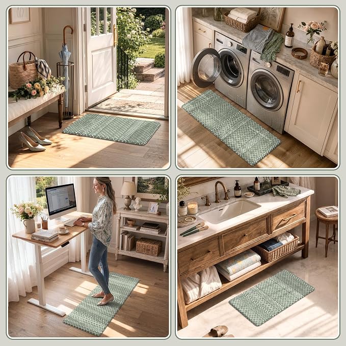 KIMODE Kitchen Mats for Floor Anti Fatigue Green Boho Kitchen Rugs Sets of 2 Cushioned Kitchen Floor Mats Comfort Standing Mat Geometric Laundry Room Rug for Bathroom Sink Office Desk 17"x47"+17"x29"