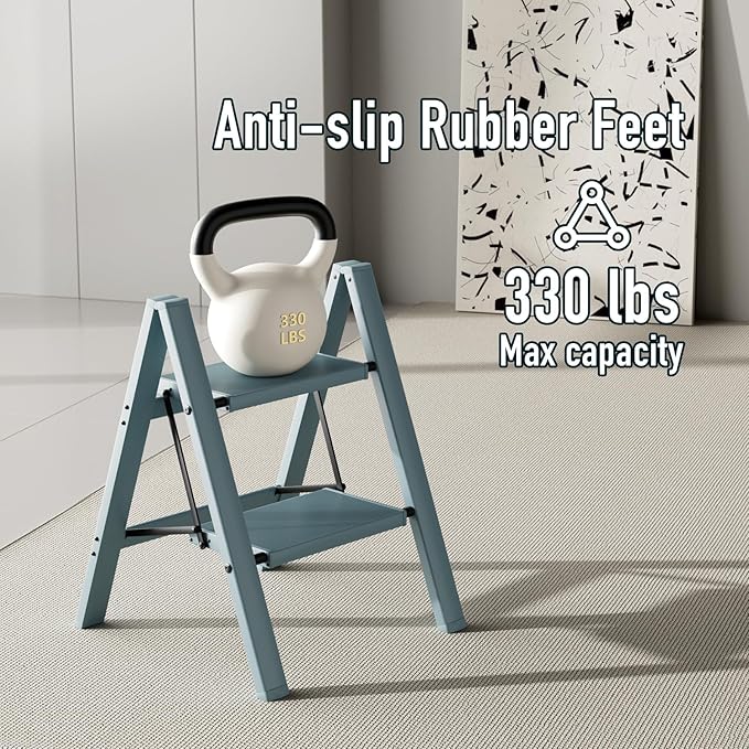 Mayi Plus 2 Step Ladder,Aluminum Folding Step Stool for Adults,Step Ladder with Wide Anti-Slip Pedal,330 lbs Capacity for Home,Office,Kitchen,Library(Blue)