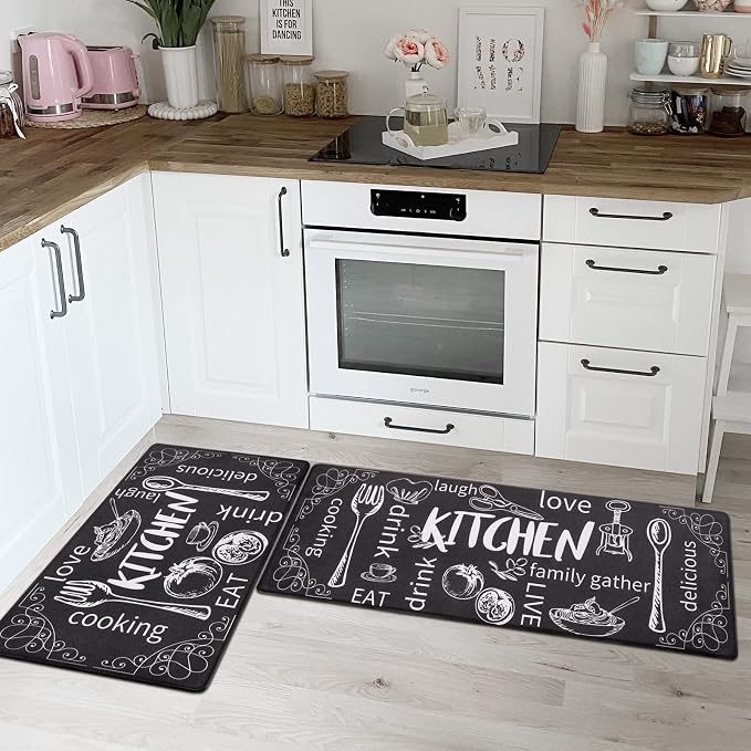 HEBE Kitchen Rugs Set of 2, Cushioned Anti Fatigue Kitchen Mats for Floor, Non Slip Waterproof Comfort Standing Desk Mat Carpet for Sink, Stove, Laundry Room, Black