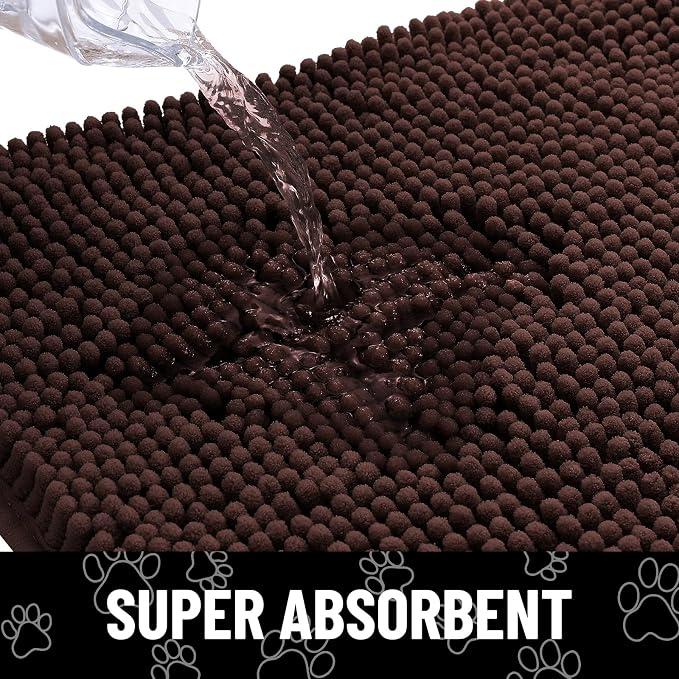 Smiry Dog Door Mat for Muddy Paws, Absorbent Dirt Trapper Non Slip Quick Dry Washable Chenille Mat for Mud Dogs, Entry Rug for Indoor and Outdoor (45x27 Inches, Brown and White)