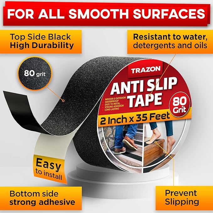 Grip Tape - Heavy Duty Anti Slip Tape for Stairs Outdoor/Indoor Waterproof 2Inch x 35Ft Safety Non Skid Roll for Stair Steps Traction Tread Staircases Grips Adhesive Non Slip Strips Nonslip Walk Black