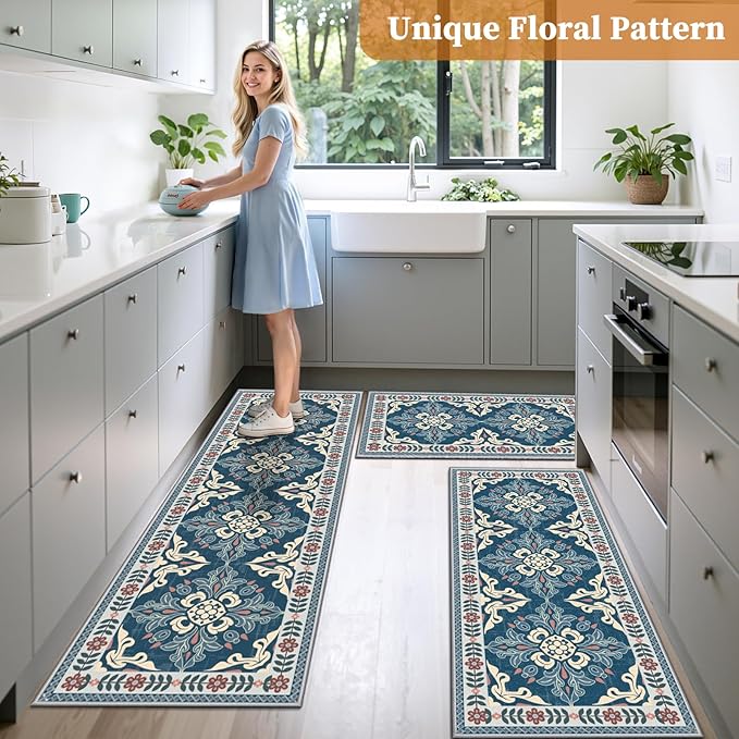 3-Piece Kitchen Rugs, Non-Slip & Washable Floor Mats, Water-Absorbent Area Pad, Standing Desk Mat for Office, Home, Doorway, Laundry, Kitchen Accessories (Retro Blue)