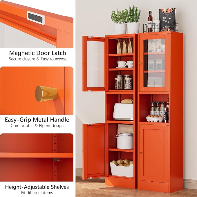 Slim Pantry Cabinet with Hutch, 67" Tall Narrow Storage Cabinets for Small Space,Narrow Metal Corner Cabinet with 3 Adjustable Shelves, Freestanding Tall Bathroom Cabinet for Entryway, Living Room