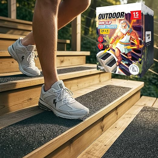 Thunder Grip Outdoor Stair Treads Non Slip 24" x 4" - 15-Pack Weather Resistant Exterior Grip Tape for Wooden Steps - Anti Skid Strips - Waterproof 80-Grit Adhesive Treads
