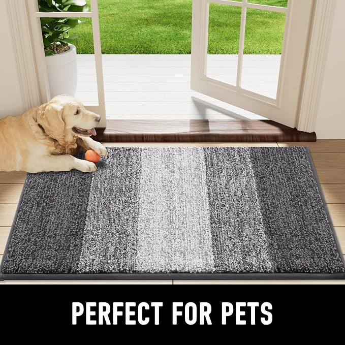 Smiry Dog Door Mat for Muddy Paws, Absorbs Moisture and Dirt, Low-Profile Entryway Mat with Non-Slip Backing, Entry Indoor Outdoor Doormat for Inside Floor (47x24 Inches, Grey, Striped)