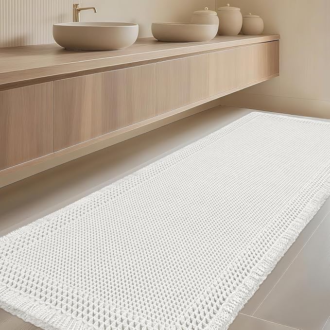 IM HOME Extra Large Waffle Bath Mat, Boho Bathroom Rugs Absorbent Non Slip, Ultra Soft Bathroom Mat, Machine Washable Knit Bath Rugs with Border for Bathroom, Bedroom, Kitchen, Shower, 6'x2', White