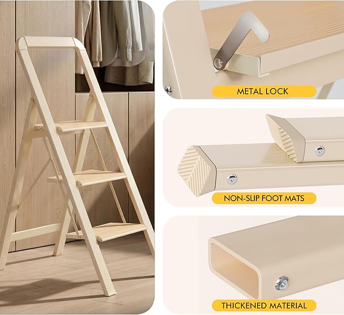 3 Step Ladder, Folding Step Stool with Wide Anti-Slip Pedal, 450lbs Sturdy Steel Ladder, Convenient Handgrip, Lightweight, Steel Step Stool