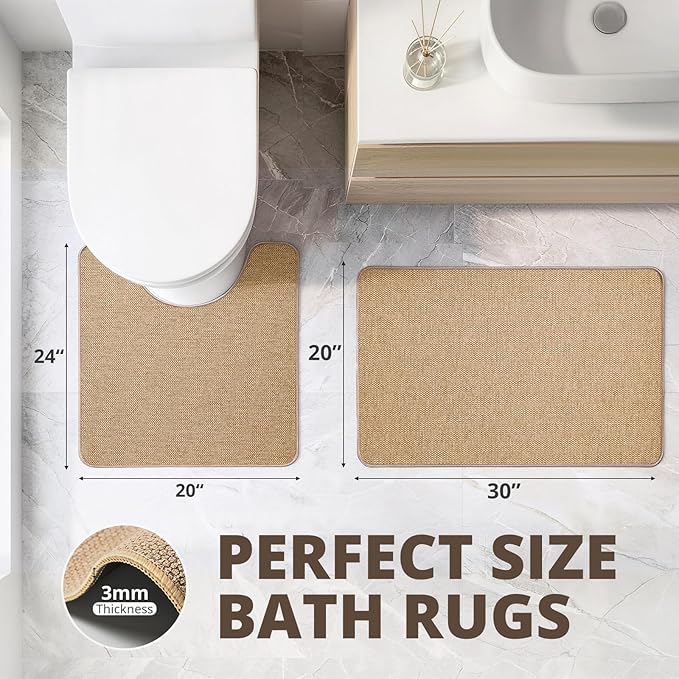 Bathroom Rugs Sets 2 Piece, Thin Bath Mat & U-Shaped Contour Toilet Rug Absorbent Quick Dry, Machine Washable, Non Slip Low Pile Bath Mats for Bathroom/Tub/Sink/Shower (30"x20" Plus 24"x20" U, Khaki)