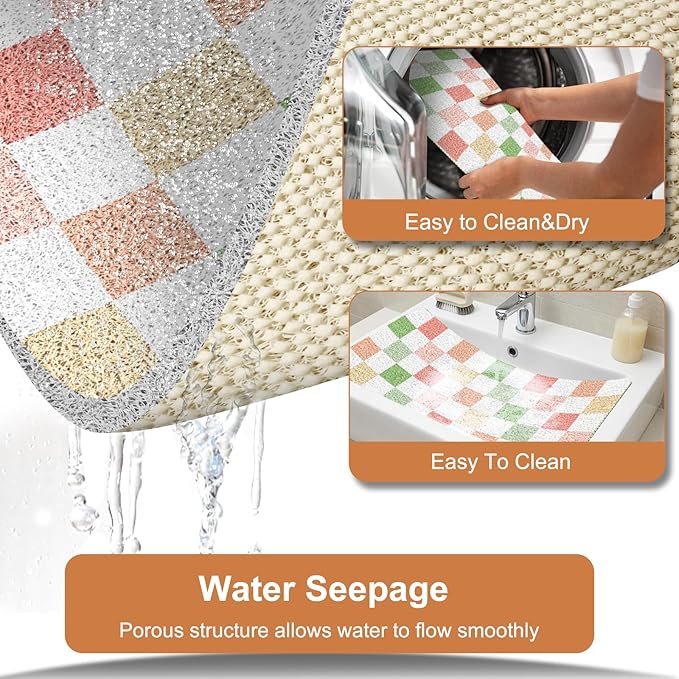 Non Slip Loofah Shower Mat 32"x16", Quick Drying Mats with Drain Hole, Soft Trimmable PVC Loofah Massage Bathmat for Shower, Kitchen, Hotel, Tub, Floor, Home, Multicoloured Checkered