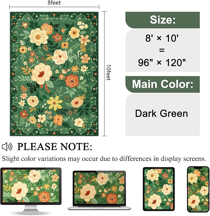 DUKINO 8x10 Area Rug, Floral Rugs for Living Room, Lightweight Non Slip Washable Rug, Indoor Low Pile & Non-Shedding Boho Design Rugs for Bedroom, Living Room, Dining Room, Dark Green