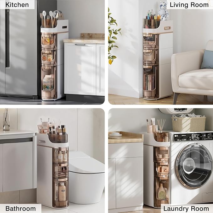 VECELO 3-Tier Slim Bathroom Storage Cabinet with Wheels, Skinny Bathroom Storage Cabinet with Drawers, Toilet Paper Holder, Movable Narrow Floor Cabinet for Small Space, Bathroom