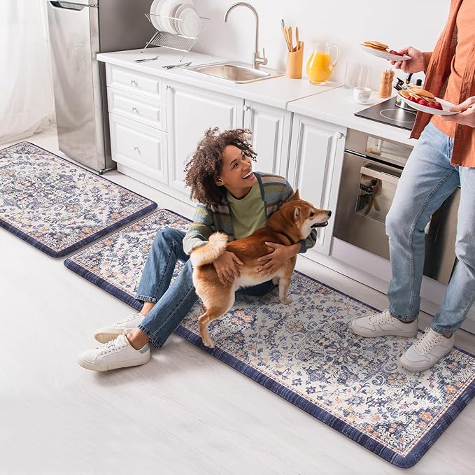 KIMODE Kitchen Mats for Floor, Boho Floral Blue Kitchen Rugs Sets of 2, Anti Fatigue Mats for Kitchen Floor, Cushioned Comfort Kitchen Floor Mats for Sink, Laundry, Desk,17"x47"+17"x29"